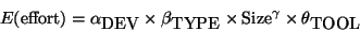 \begin{displaymath}E(\mbox{effort}) = \alpha_{\mbox{DEV}} \times \beta_{\mbox{TYPE}} \times
\mbox{Size}^\gamma \times \theta_{\mbox{TOOL}}
\end{displaymath}